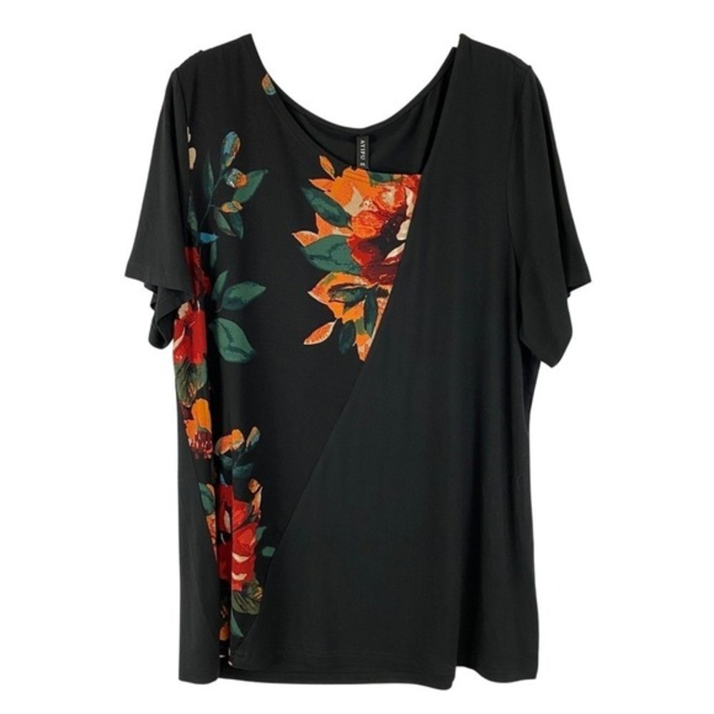 Dark Floral Blouse Short Sleeve Top Women XXL Black Burnt Orange AsymmetricalNWT